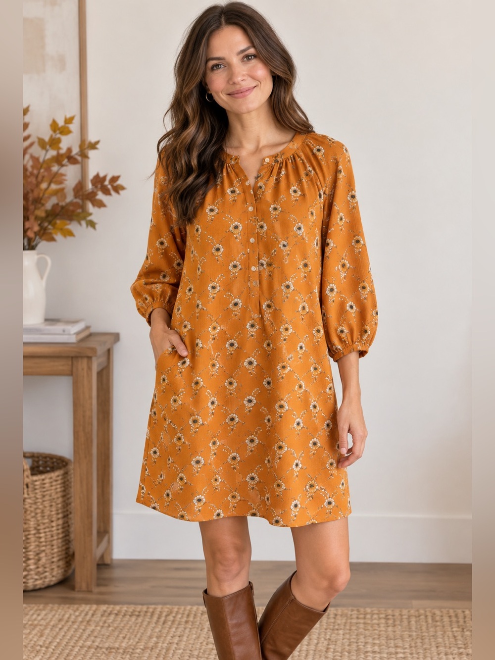 Loft sz L 3/4 puffed sleeve floral dress